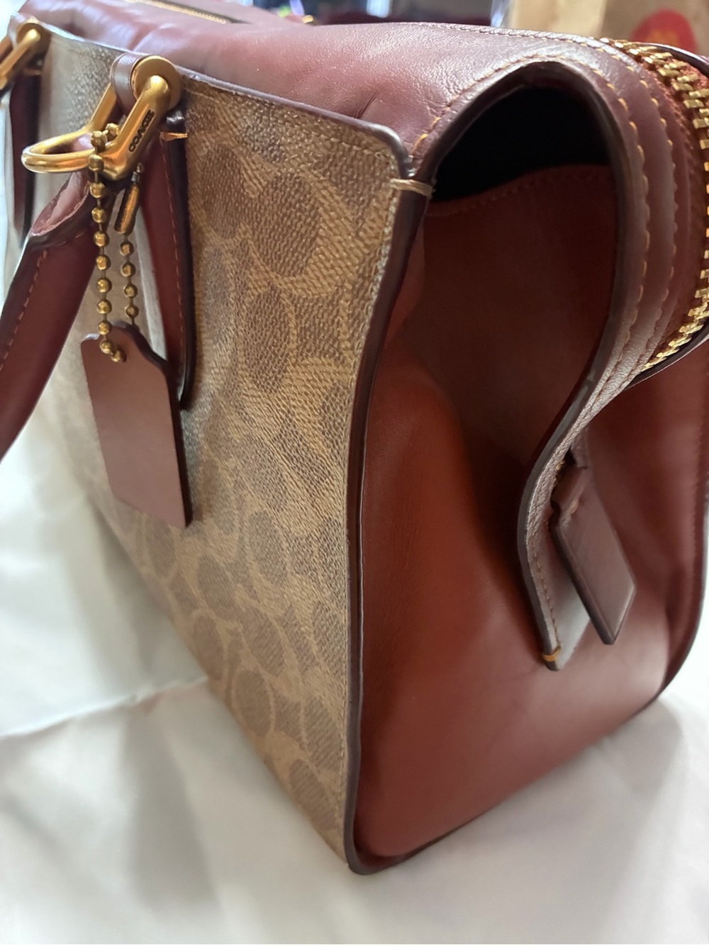 Coach Bond Satchel Signature Canvas Oxblood Rust Leather Bag Dust Bag $368 - Picture 5 of 10